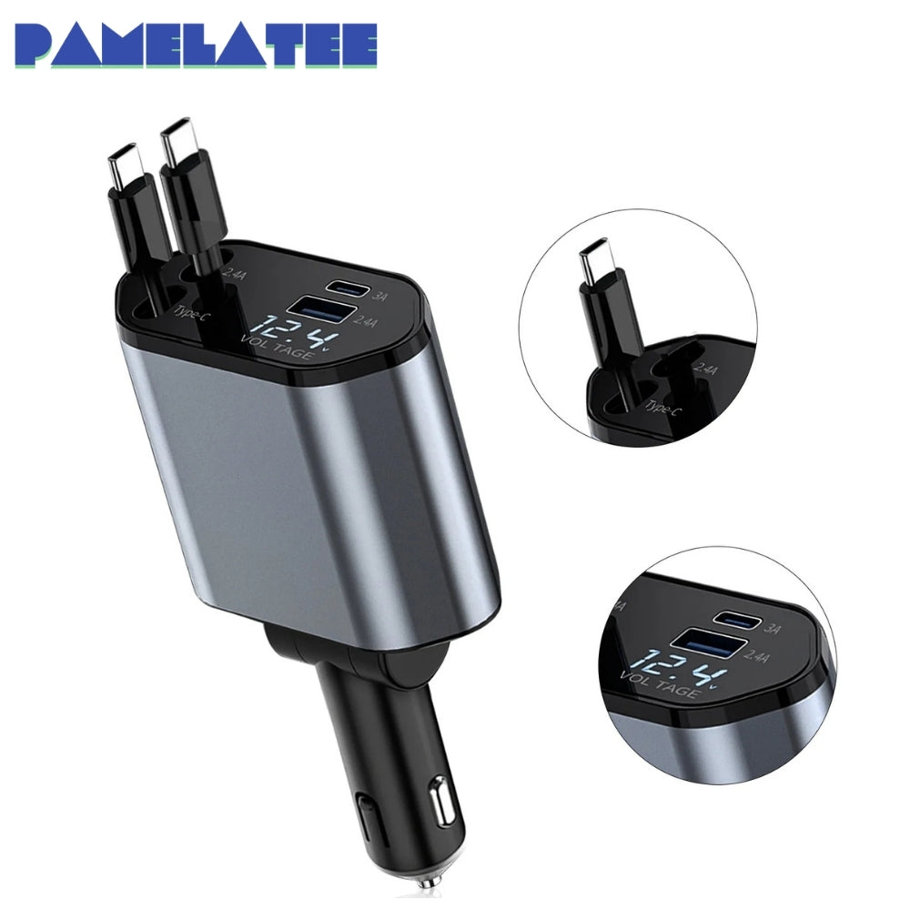 120W 4-in-1 Retractable Car Charger with Dual USB Ports and Fast Charging Adapter