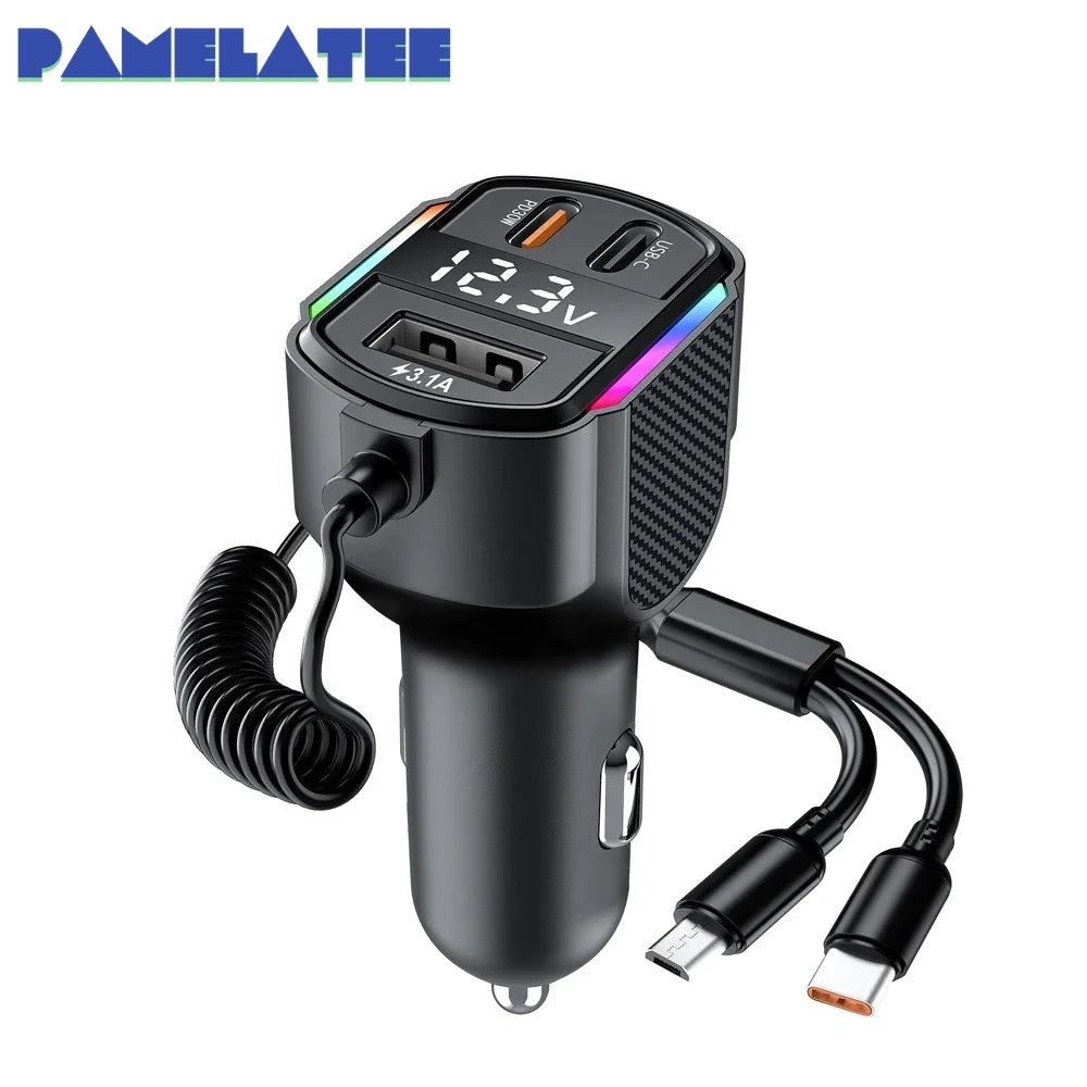 30W QC3.0 Car Fast Charger with Type-C, 3-in-1 Cable & Digital Display for iPhone