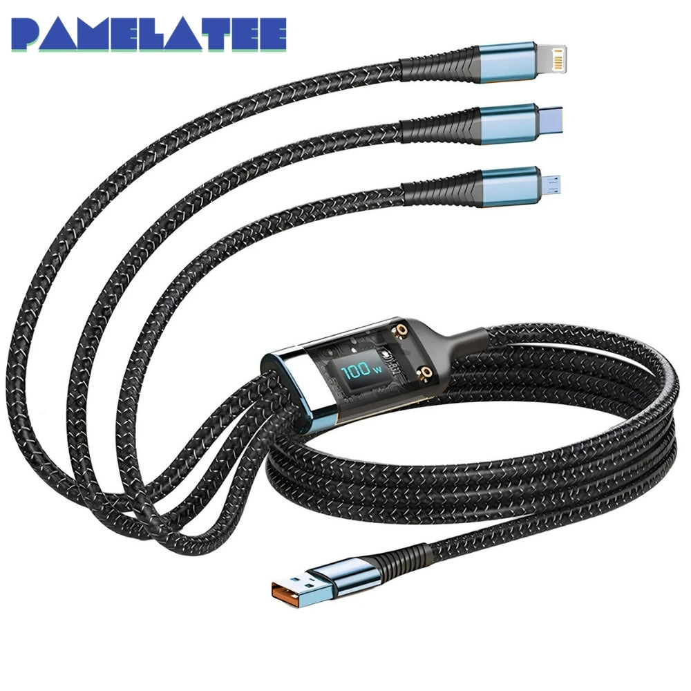 100W Multi 3-in-1 Nylon Braided Fast Charging Cable with USB Type-C & Micro USB