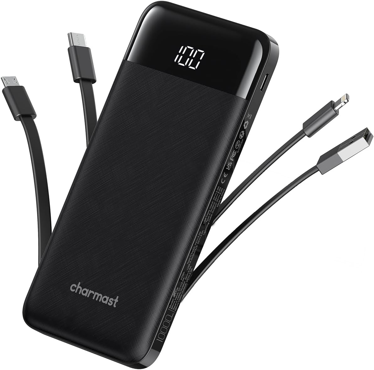 Portable Charger 10000mAh Slim Power Bank with Built-in Cables