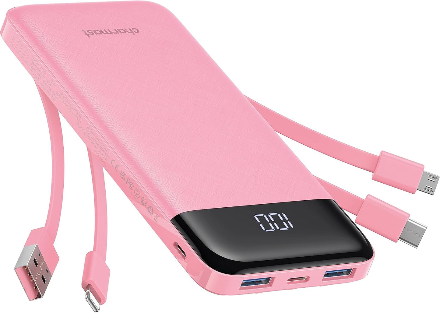 Portable Charger 10000mAh Slim Power Bank with Built-in Cables