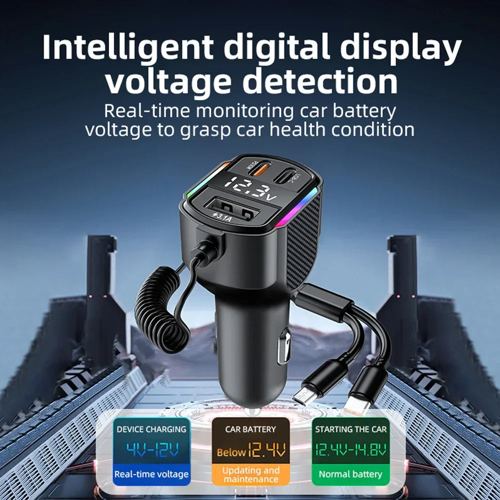 30W QC3.0 Car Fast Charger with Type-C, 3-in-1 Cable & Digital Display for iPhone