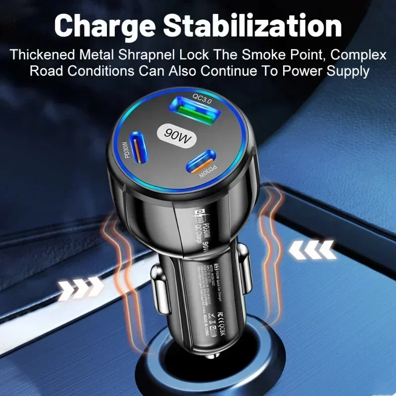 3-in-1 90W Car Charger with QC3.0, PD Type-C Fast Charging Adapter
