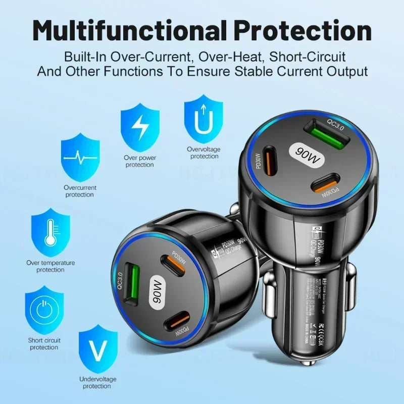 3-in-1 90W Car Charger with QC3.0, PD Type-C Fast Charging Adapter
