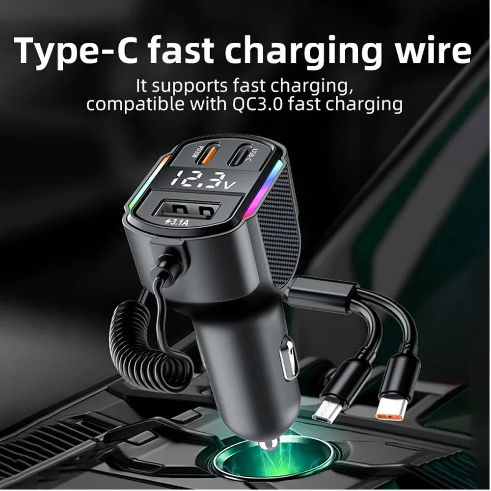 30W QC3.0 Car Fast Charger with Type-C, 3-in-1 Cable & Digital Display for iPhone