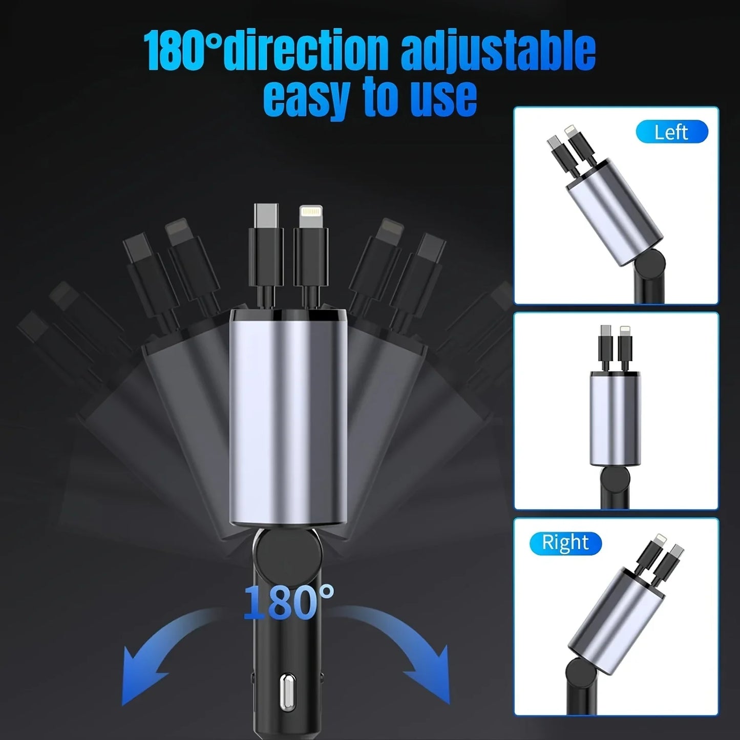120W 4-in-1 Retractable Car Charger with Dual USB Ports and Fast Charging Adapter