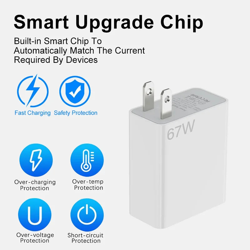 67W Ultra Fast US Plug Charger for Xiaomi 10T-13T & POCO X4-X5 with Type-C Cable