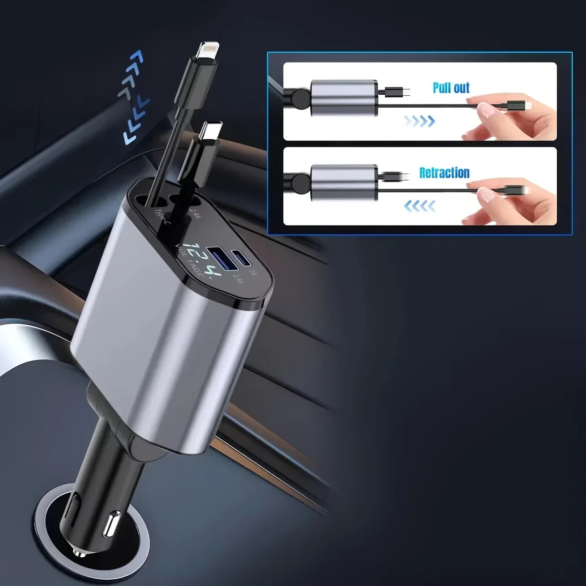 120W 4-in-1 Retractable Car Charger with Dual USB Ports and Fast Charging Adapter