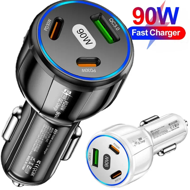 3-in-1 90W Car Charger with QC3.0, PD Type-C Fast Charging Adapter