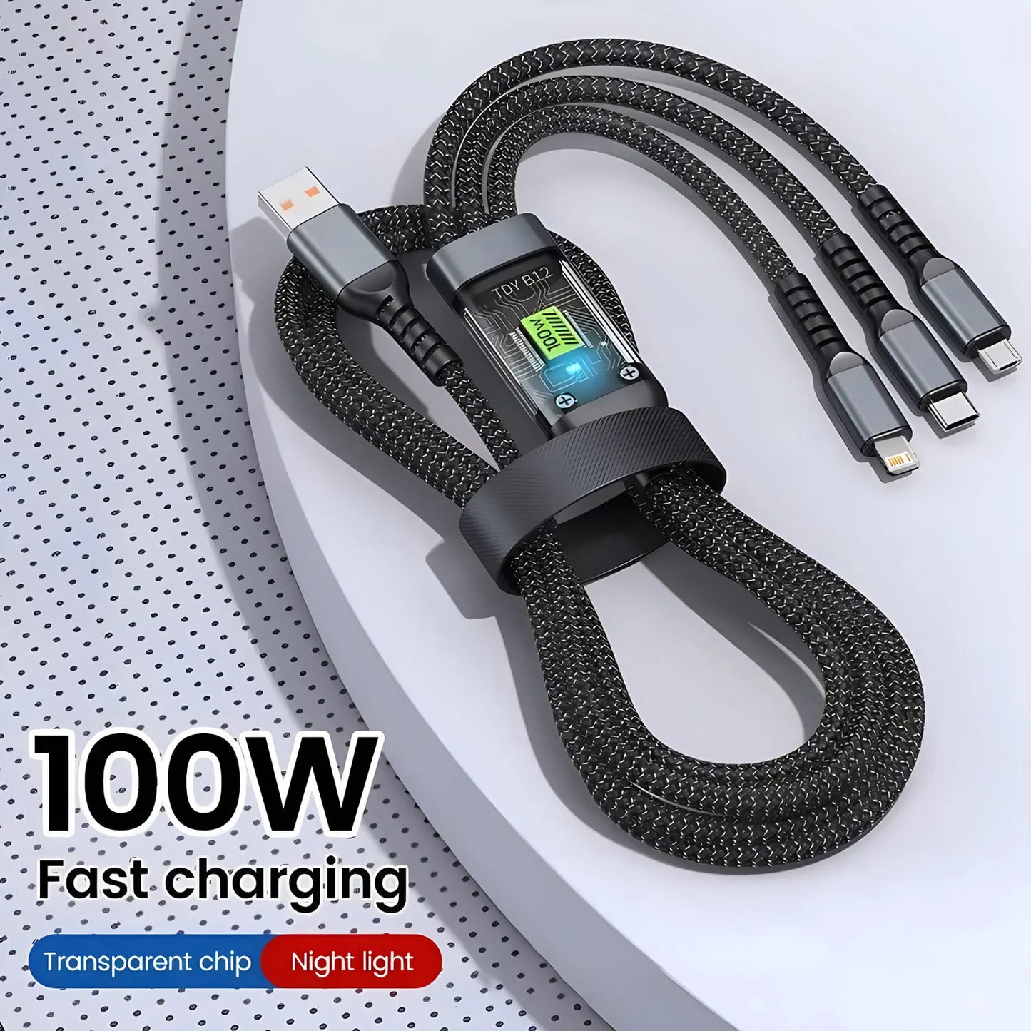 100W Multi 3-in-1 Nylon Braided Fast Charging Cable with USB Type-C & Micro USB
