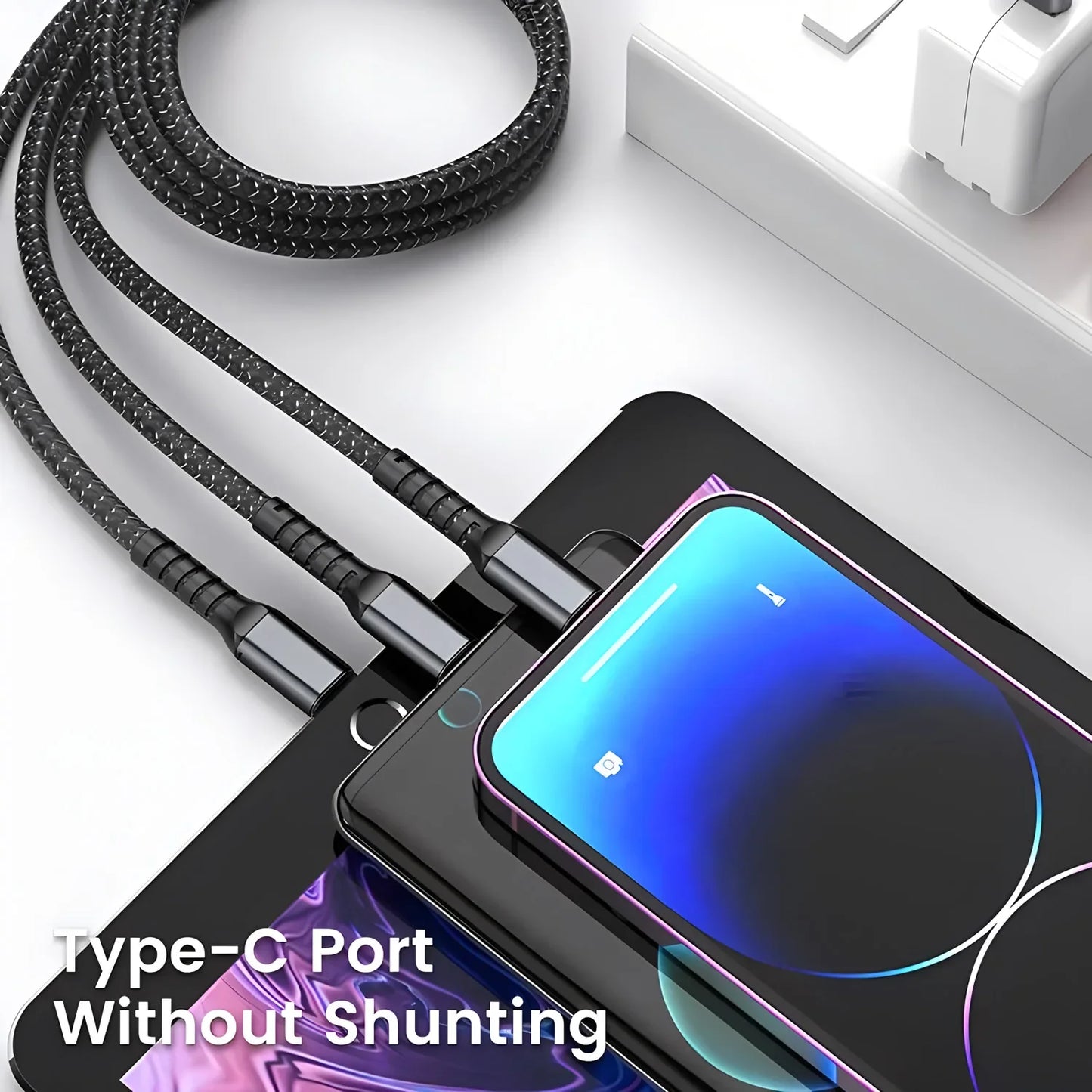 100W Multi 3-in-1 Nylon Braided Fast Charging Cable with USB Type-C & Micro USB
