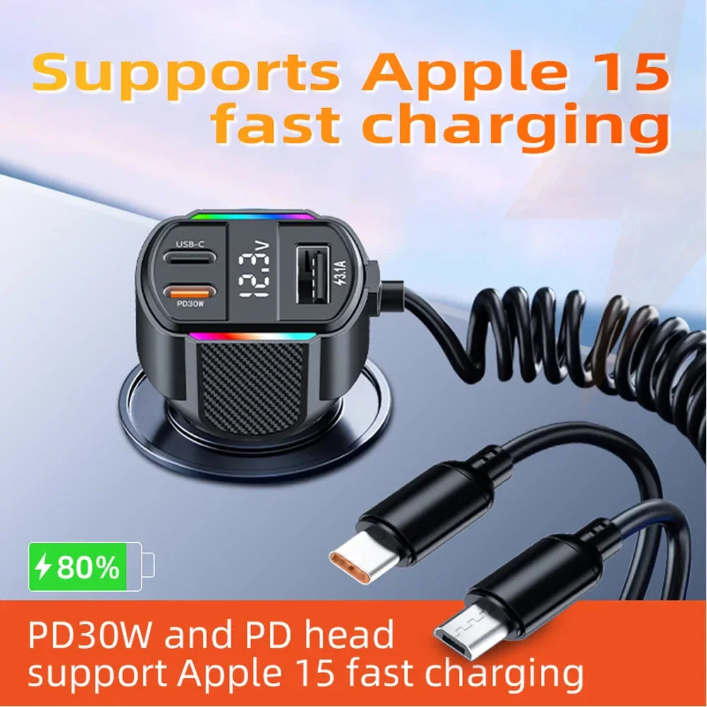 30W QC3.0 Car Fast Charger with Type-C, 3-in-1 Cable & Digital Display for iPhone