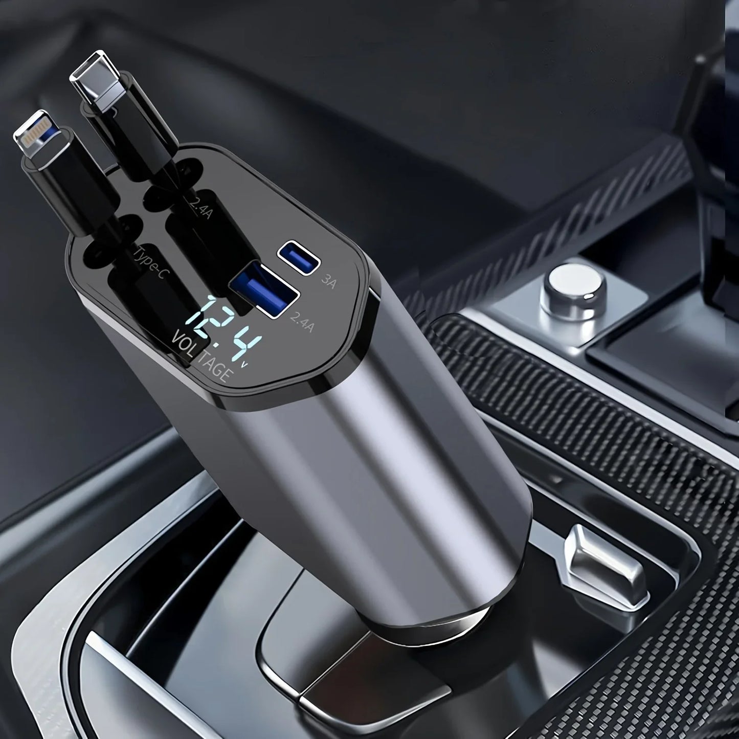 120W 4-in-1 Retractable Car Charger with Dual USB Ports and Fast Charging Adapter
