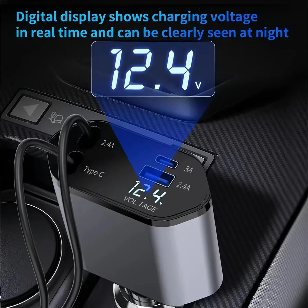 120W 4-in-1 Retractable Car Charger with Dual USB Ports and Fast Charging Adapter