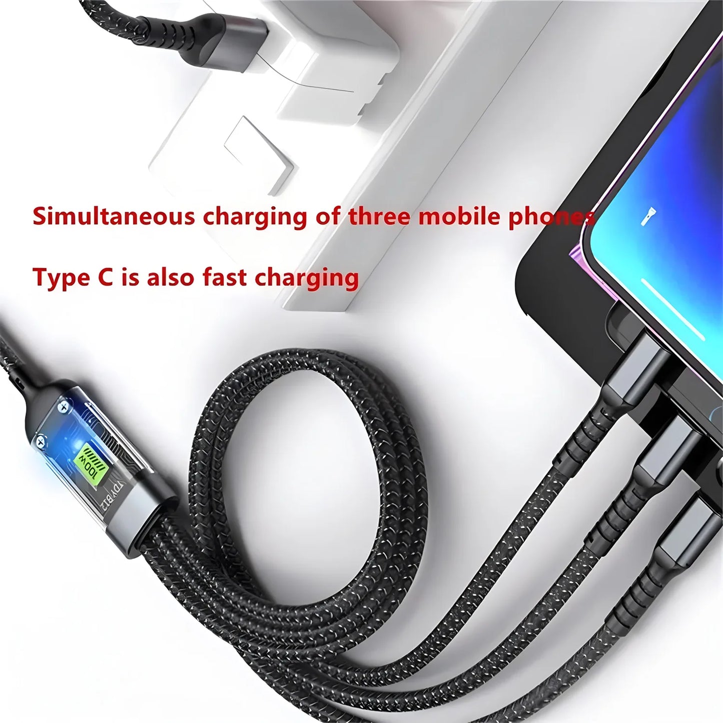 100W Multi 3-in-1 Nylon Braided Fast Charging Cable with USB Type-C & Micro USB