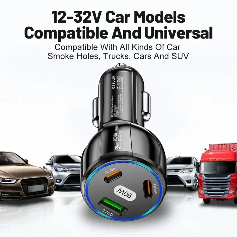 3-in-1 90W Car Charger with QC3.0, PD Type-C Fast Charging Adapter