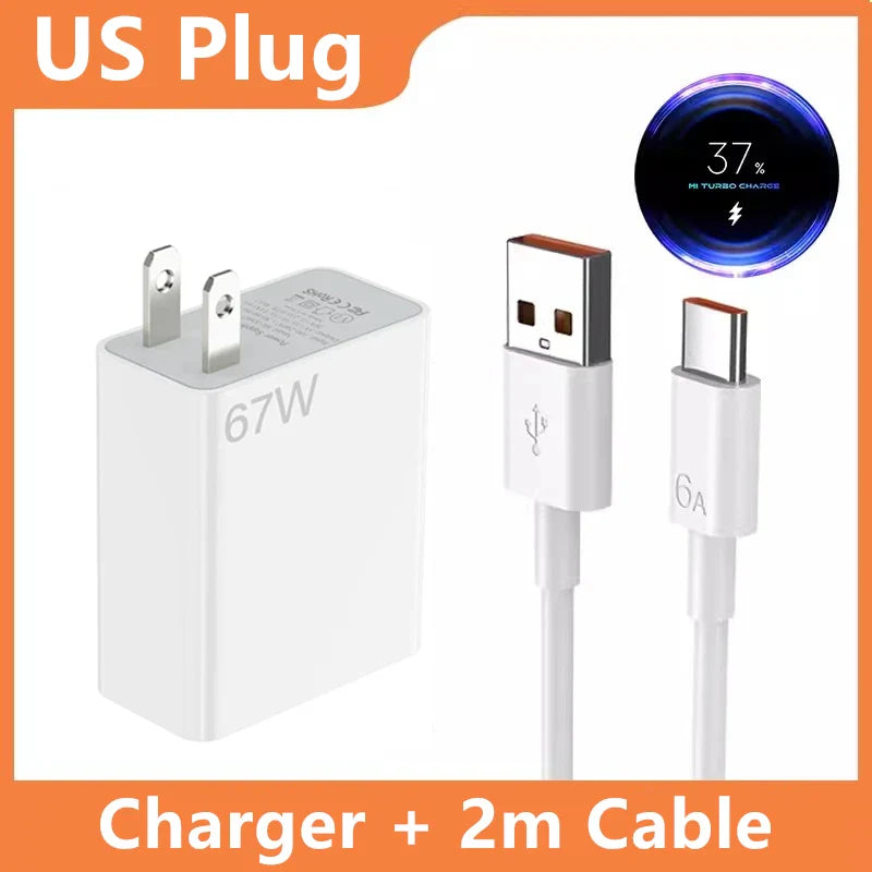 67W Ultra Fast US Plug Charger for Xiaomi 10T-13T & POCO X4-X5 with Type-C Cable