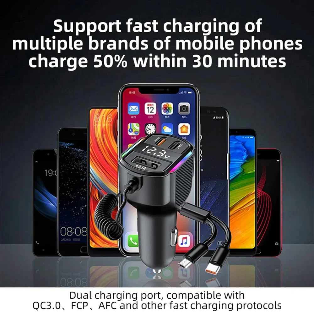 30W QC3.0 Car Fast Charger with Type-C, 3-in-1 Cable & Digital Display for iPhone