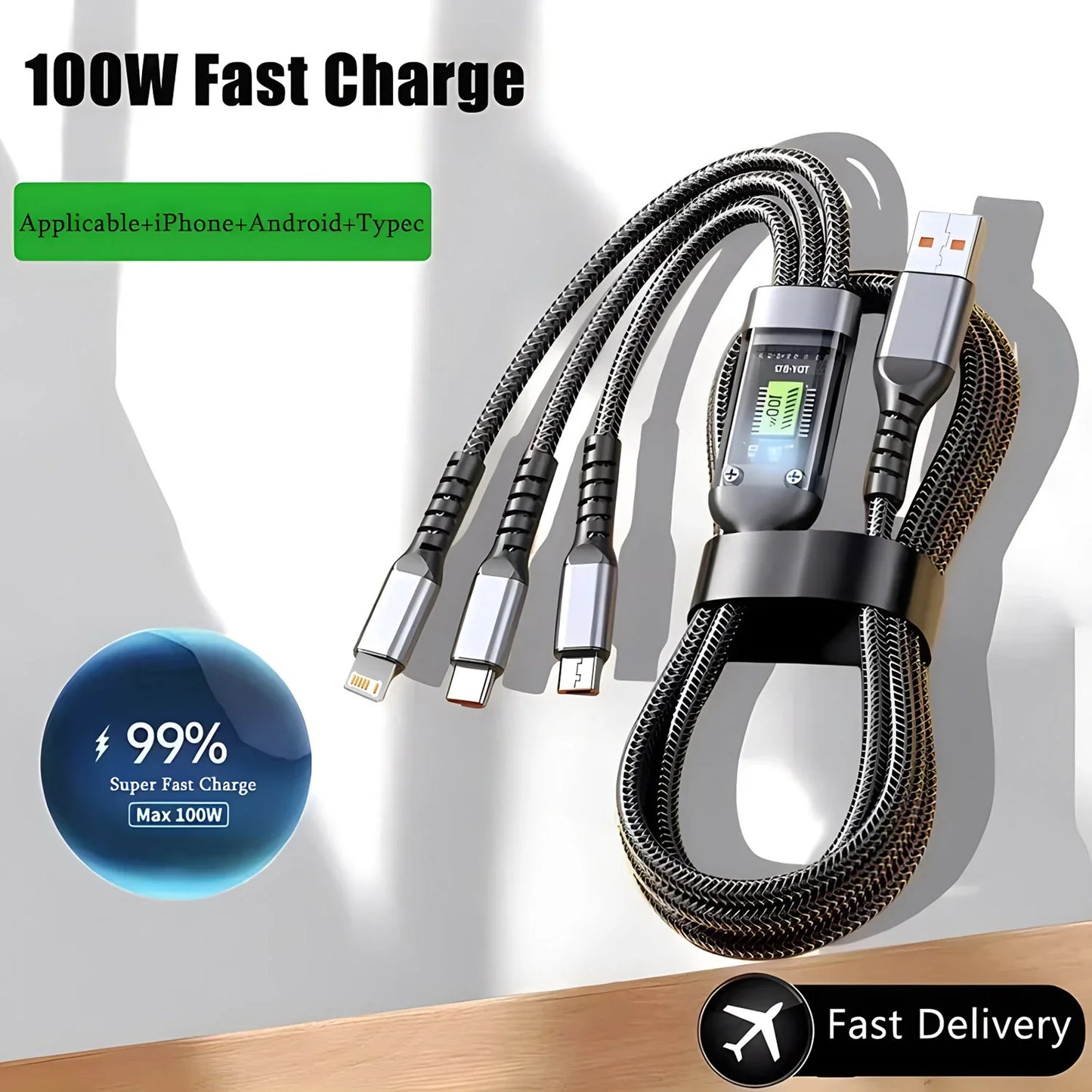 100W Multi 3-in-1 Nylon Braided Fast Charging Cable with USB Type-C & Micro USB