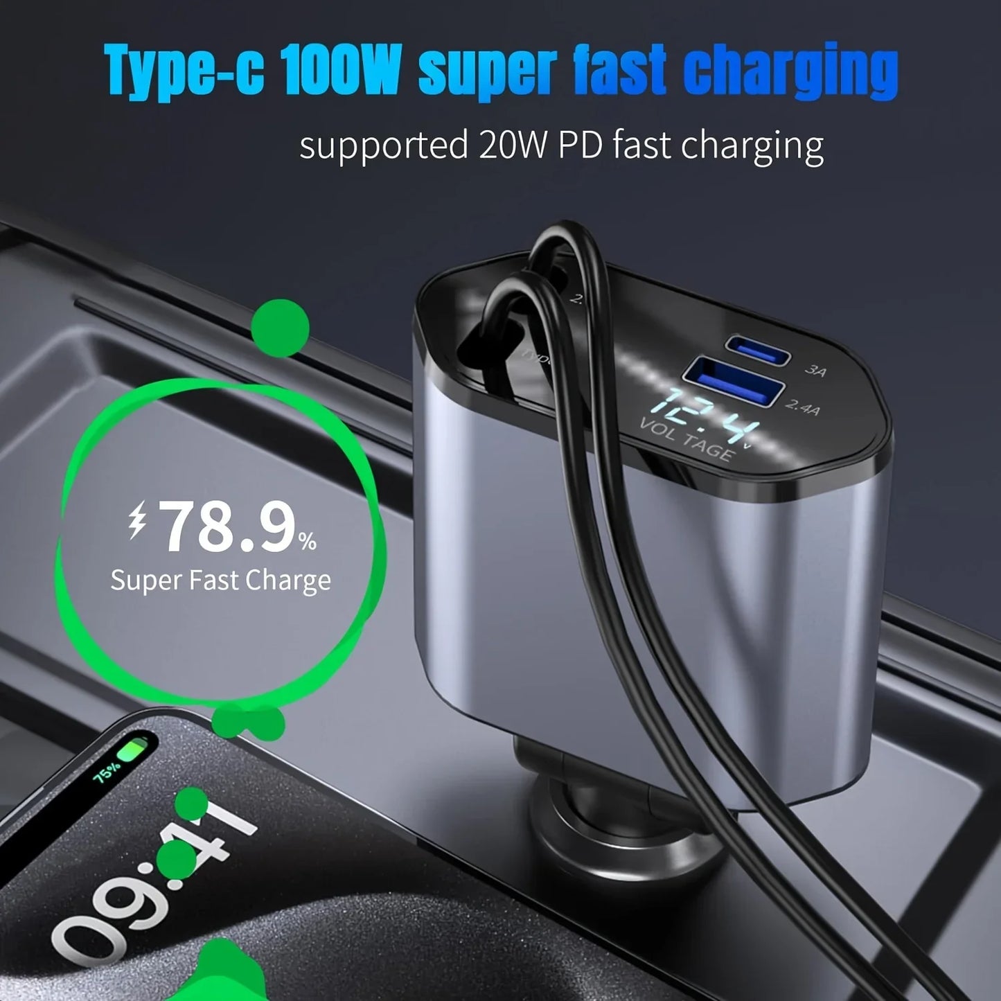 120W 4-in-1 Retractable Car Charger with Dual USB Ports and Fast Charging Adapter