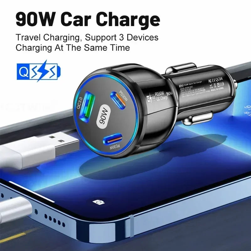 3-in-1 90W Car Charger with QC3.0, PD Type-C Fast Charging Adapter