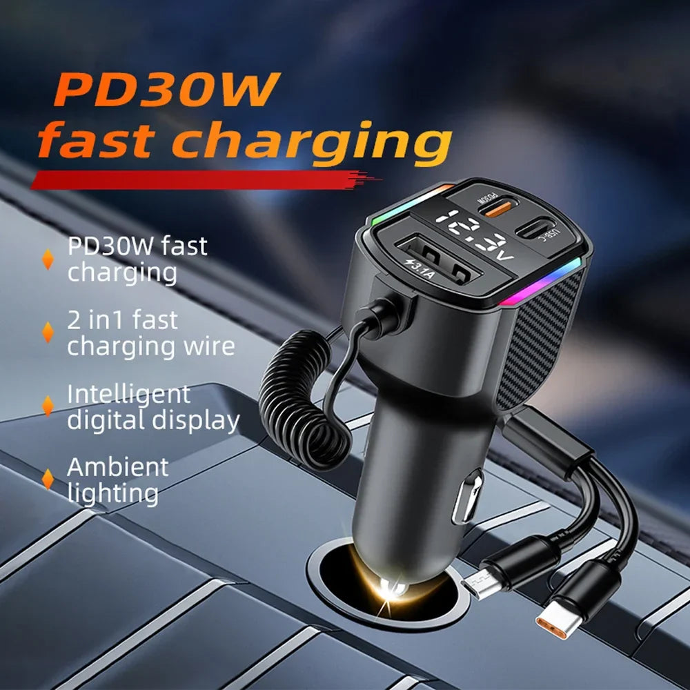 30W QC3.0 Car Fast Charger with Type-C, 3-in-1 Cable & Digital Display for iPhone