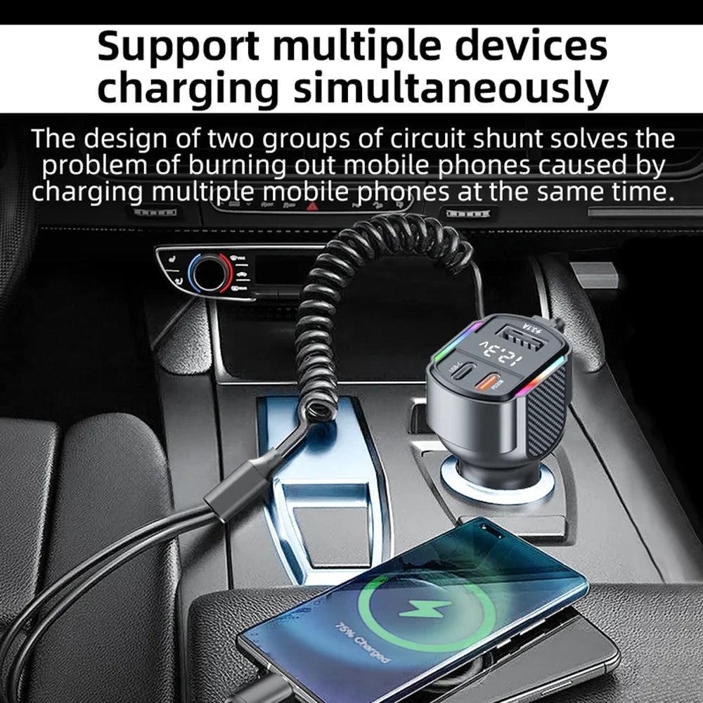 30W QC3.0 Car Fast Charger with Type-C, 3-in-1 Cable & Digital Display for iPhone