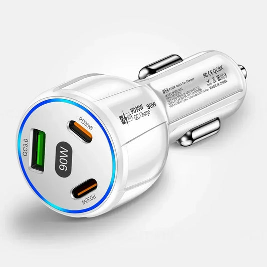 3-in-1 90W Car Charger with QC3.0, PD Type-C Fast Charging Adapter