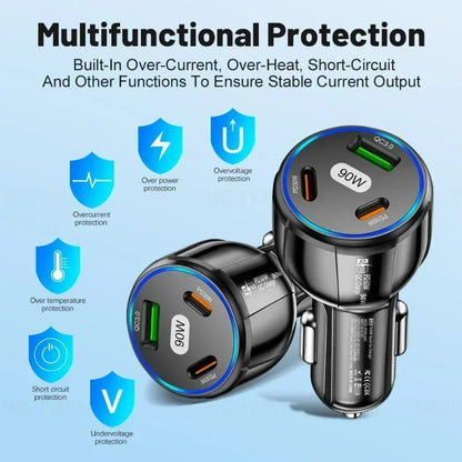 3-in-1 90W Car Charger with QC3.0, PD Type-C Fast Charging Adapter