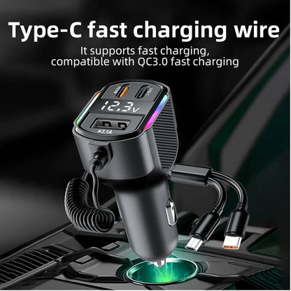 30W QC3.0 Car Fast Charger with Type-C, 3-in-1 Cable & Digital Display for iPhone