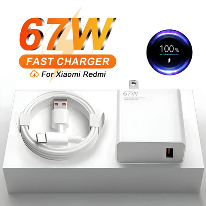 67W Ultra Fast US Plug Charger for Xiaomi 10T-13T & POCO X4-X5 with Type-C Cable