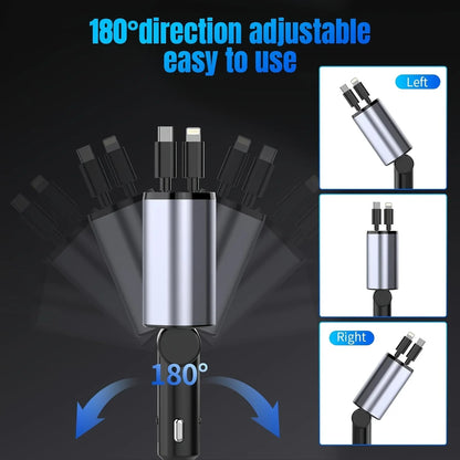 120W 4-in-1 Retractable Car Charger with Dual USB Ports and Fast Charging Adapter
