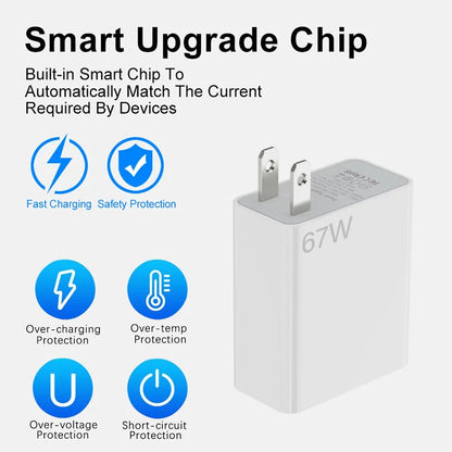 67W Ultra Fast US Plug Charger for Xiaomi 10T-13T & POCO X4-X5 with Type-C Cable
