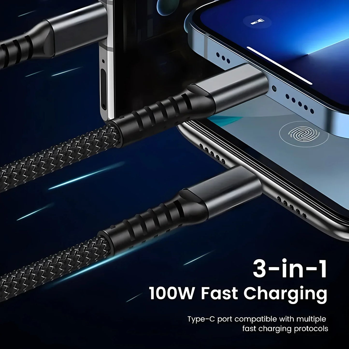 100W Multi 3-in-1 Nylon Braided Fast Charging Cable with USB Type-C & Micro USB