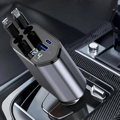 120W 4-in-1 Retractable Car Charger with Dual USB Ports and Fast Charging Adapter