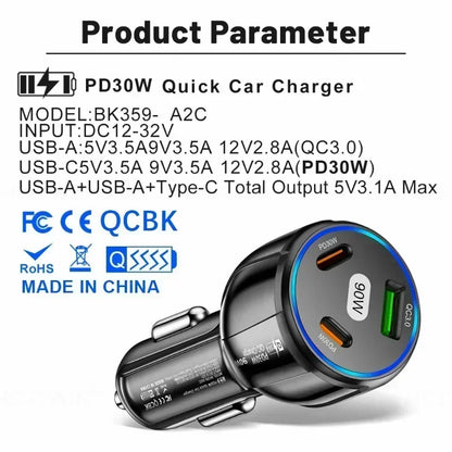 3-in-1 90W Car Charger with QC3.0, PD Type-C Fast Charging Adapter