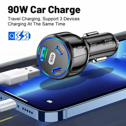 3-in-1 90W Car Charger with QC3.0, PD Type-C Fast Charging Adapter