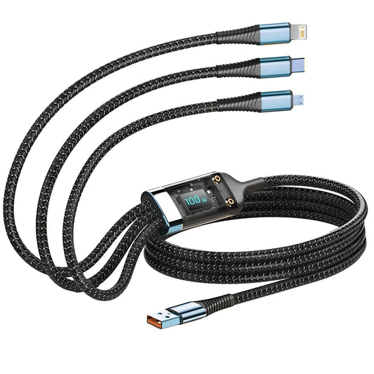 100W Multi 3-in-1 Nylon Braided Fast Charging Cable with USB Type-C & Micro USB