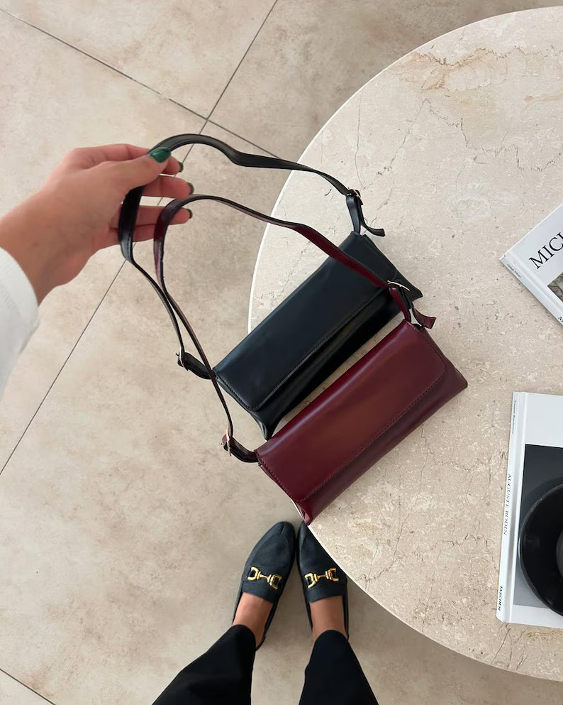 Burgundy Faux Leather Baguette Shoulder Bag