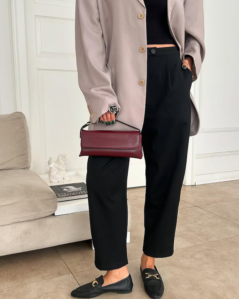 Burgundy Faux Leather Baguette Shoulder Bag