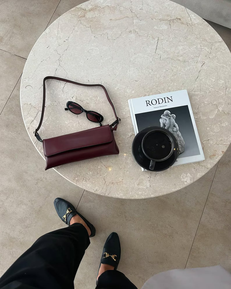 Burgundy Faux Leather Baguette Shoulder Bag