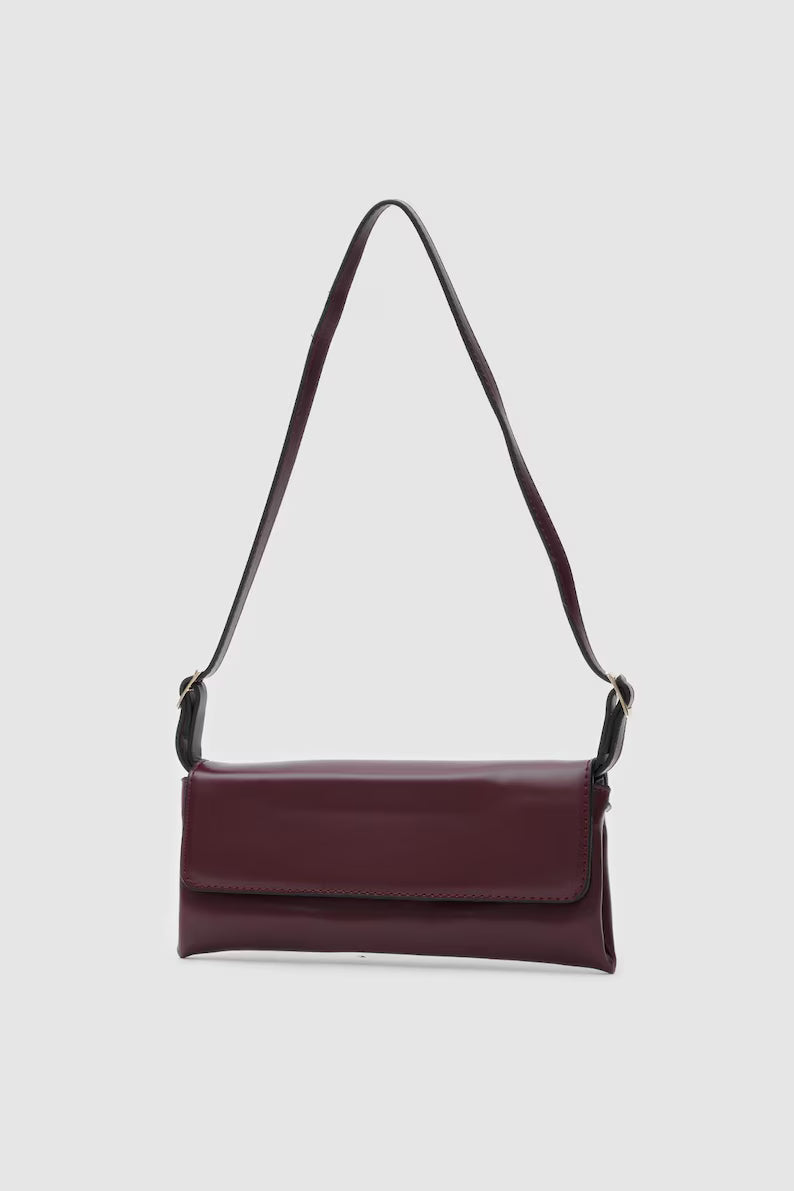 Burgundy Faux Leather Baguette Shoulder Bag