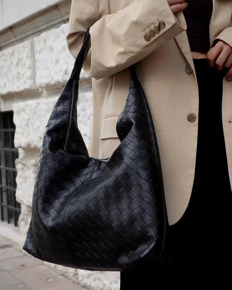 Woven Leather Hobo Shoulder Bag