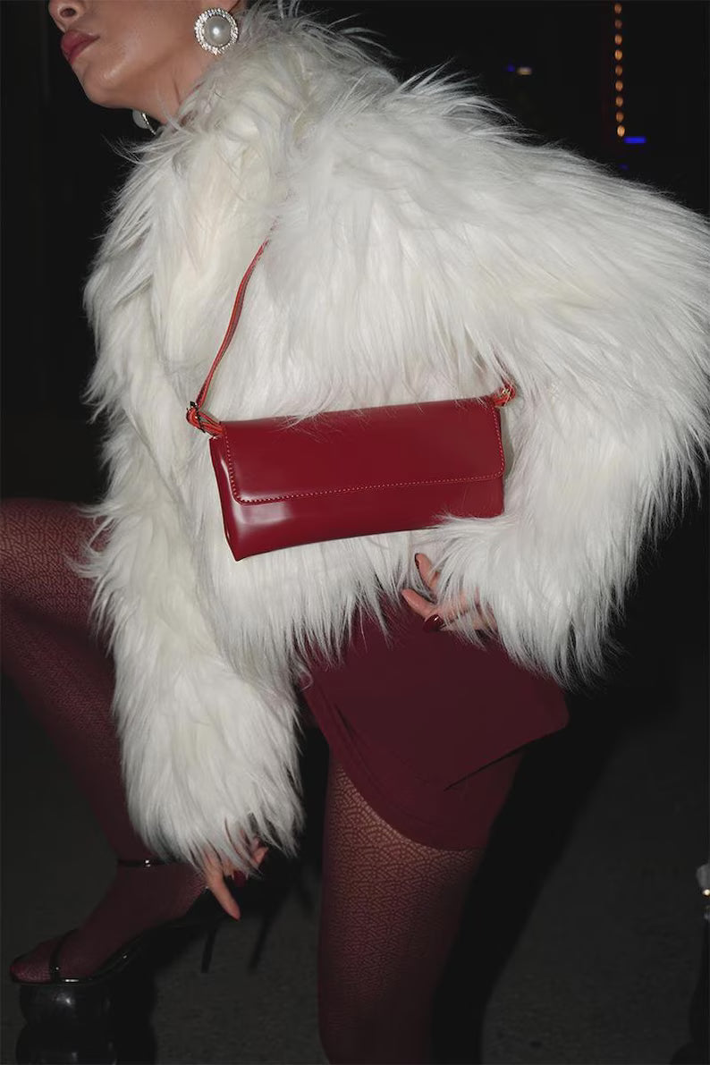 Burgundy Faux Leather Baguette Shoulder Bag