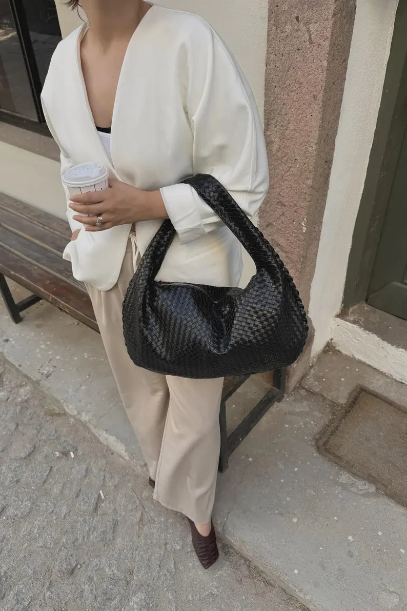 Woven Vegan Leather Hobo Bag