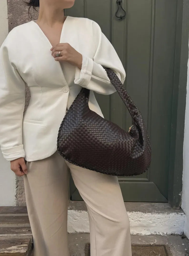Woven Vegan Leather Hobo Bag