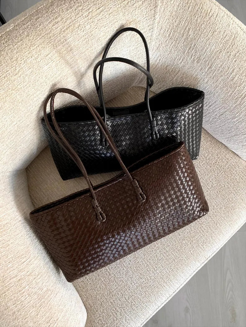 Woven Vegan Leather Shopper Tote