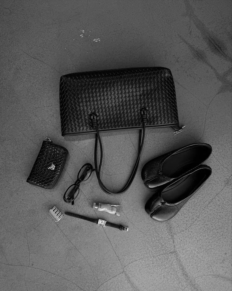 Woven Vegan Leather Shopper Tote