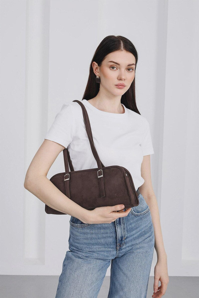 Vegan Suede Baguette Shoulder Bag
