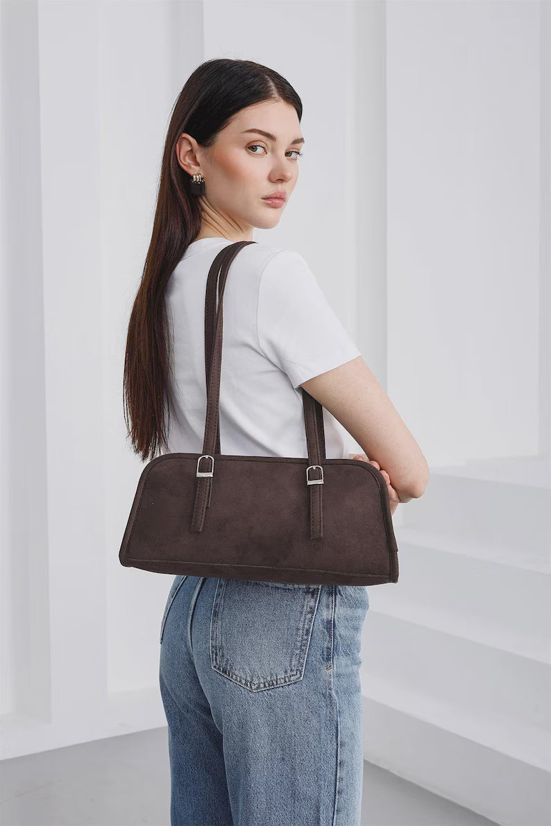 Vegan Suede Baguette Shoulder Bag